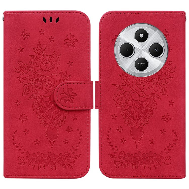 For Xiaomi Redmi 14C 4G Case PU Leather Wallet Phone Cover Butterfly Flower Imprint - Red