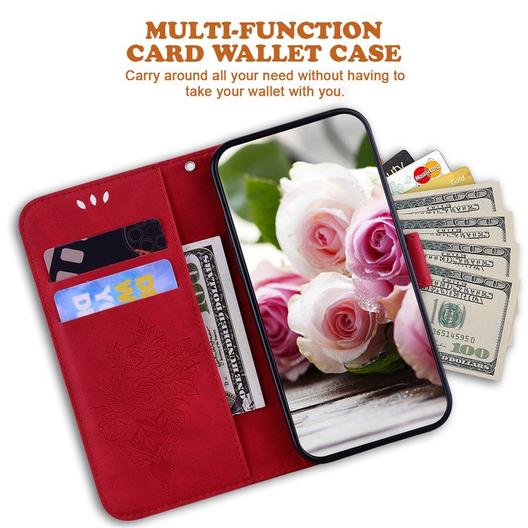 For Xiaomi Redmi 14C 4G Case PU Leather Wallet Phone Cover Butterfly Flower Imprint - Red