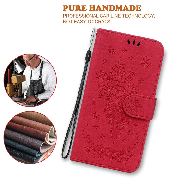 For Xiaomi Redmi 14C 4G Case PU Leather Wallet Phone Cover Butterfly Flower Imprint - Red