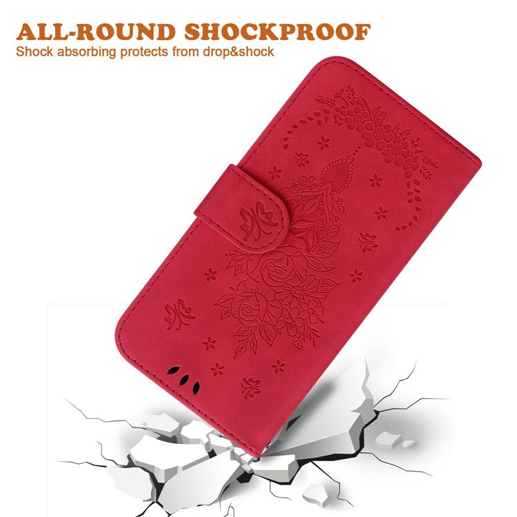 For Xiaomi Redmi 14C 4G Case PU Leather Wallet Phone Cover Butterfly Flower Imprint - Red