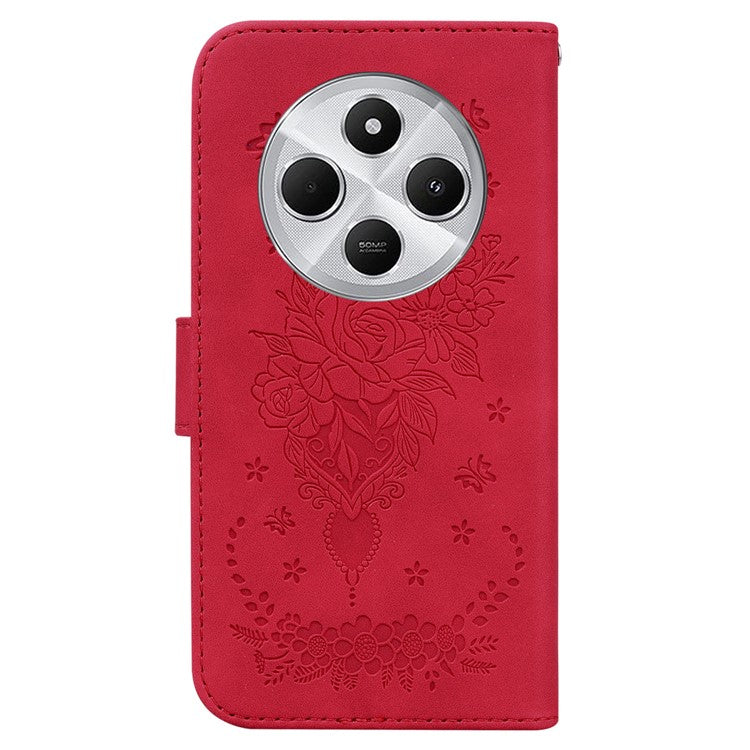 For Xiaomi Redmi 14C 4G Case PU Leather Wallet Phone Cover Butterfly Flower Imprint - Red