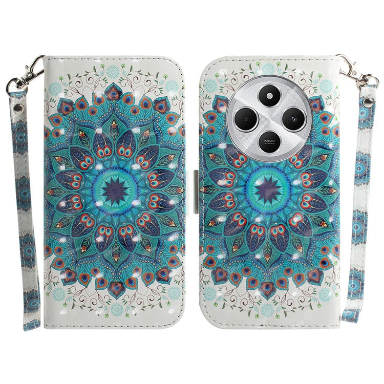 For Xiaomi Redmi 14C 4G Case Pattern Printing Leather Wallet Phone Cover - Peacock Wreath