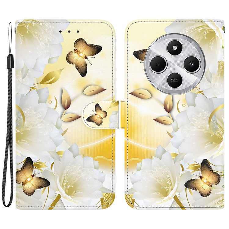 For Xiaomi Poco C75 4G / Redmi 14R 5G / 14C 4G Wallet Phone Case Anti-Drop Leather Flip Cover Pattern Printing - Gold Butterfly Flower