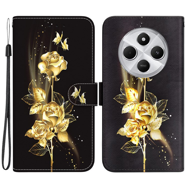 For Xiaomi Poco C75 4G / Redmi 14R 5G / 14C 4G Wallet Phone Case Anti-Drop Leather Flip Cover Pattern Printing - Gold Butterfly Rose