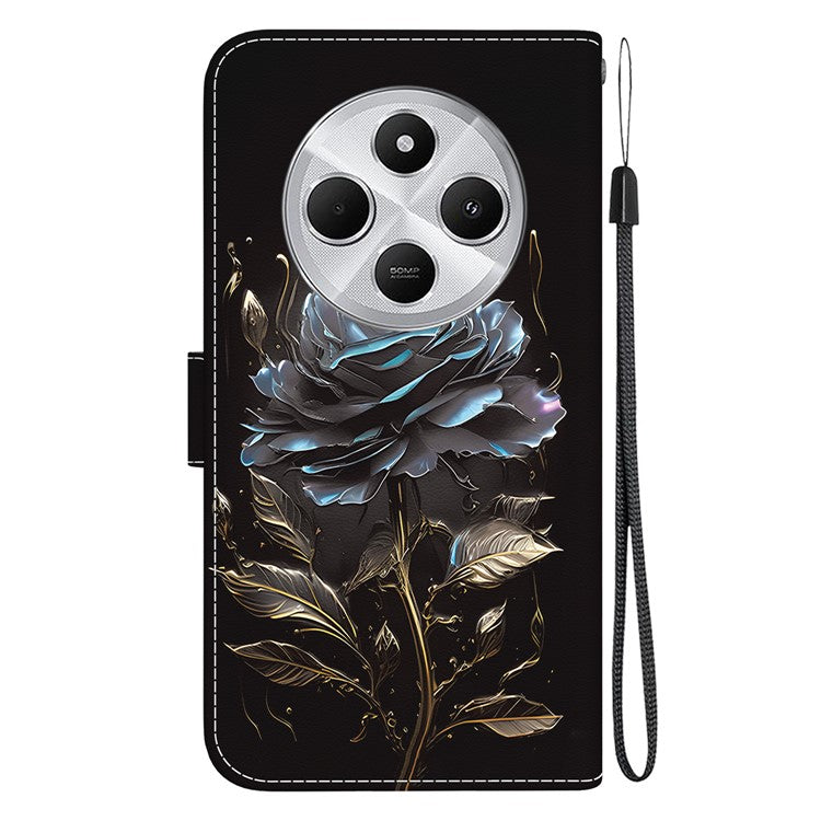 For Xiaomi Poco C75 4G / Redmi 14R 5G / 14C 4G Wallet Phone Case Anti-Drop Leather Flip Cover Pattern Printing - Black Rose