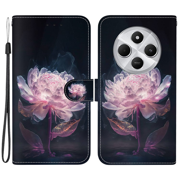 For Xiaomi Poco C75 4G / Redmi 14R 5G / 14C 4G Wallet Phone Case Anti-Drop Leather Flip Cover Pattern Printing - Purple Peony