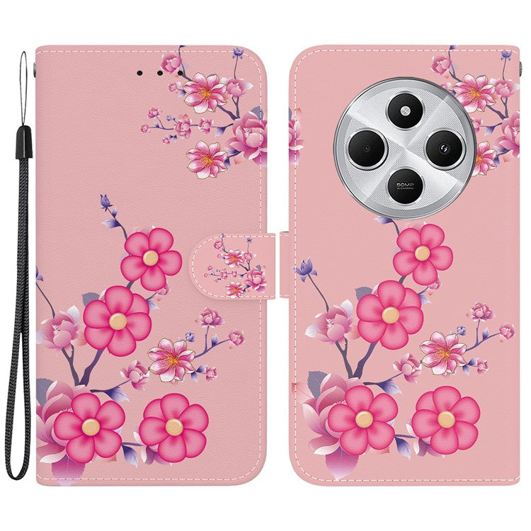 For Xiaomi Poco C75 4G / Redmi 14R 5G / 14C 4G Wallet Phone Case Anti-Drop Leather Flip Cover Pattern Printing - Sakura