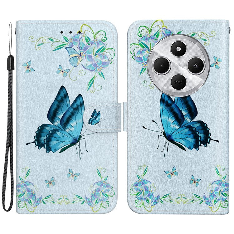 For Xiaomi Poco C75 4G / Redmi 14R 5G / 14C 4G Wallet Phone Case Anti-Drop Leather Flip Cover Pattern Printing - Blue Butterfly Flower