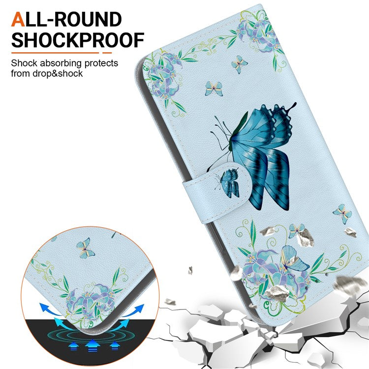 For Xiaomi Poco C75 4G / Redmi 14R 5G / 14C 4G Wallet Phone Case Anti-Drop Leather Flip Cover Pattern Printing - Blue Butterfly Flower