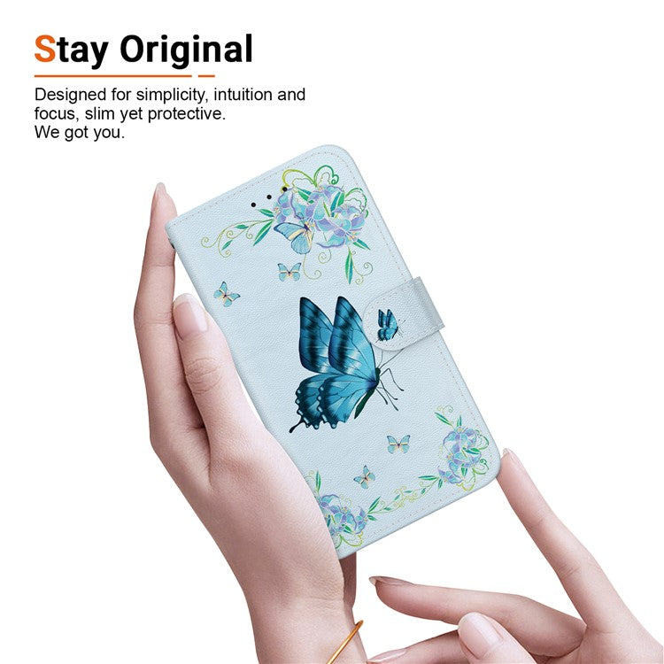 For Xiaomi Poco C75 4G / Redmi 14R 5G / 14C 4G Wallet Phone Case Anti-Drop Leather Flip Cover Pattern Printing - Blue Butterfly Flower