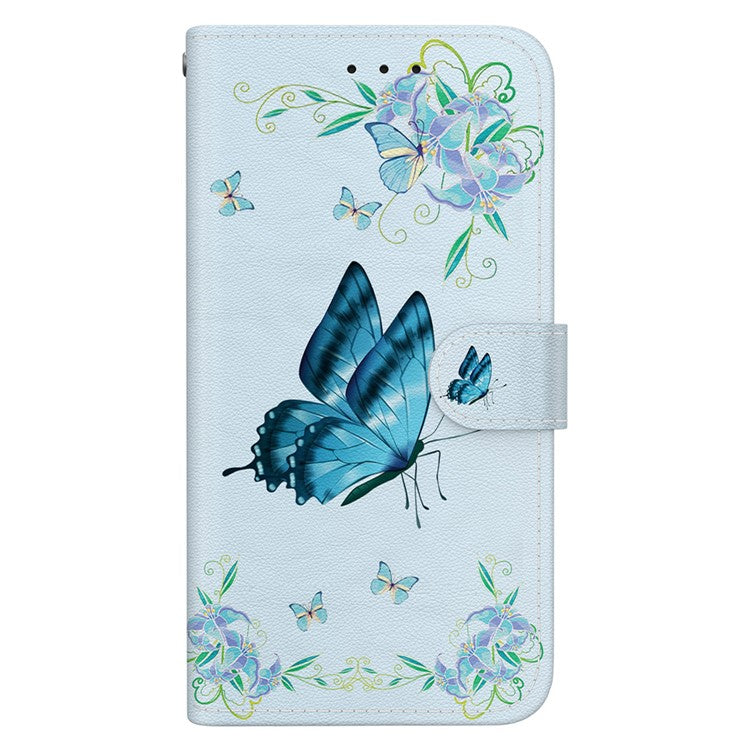 For Xiaomi Poco C75 4G / Redmi 14R 5G / 14C 4G Wallet Phone Case Anti-Drop Leather Flip Cover Pattern Printing - Blue Butterfly Flower