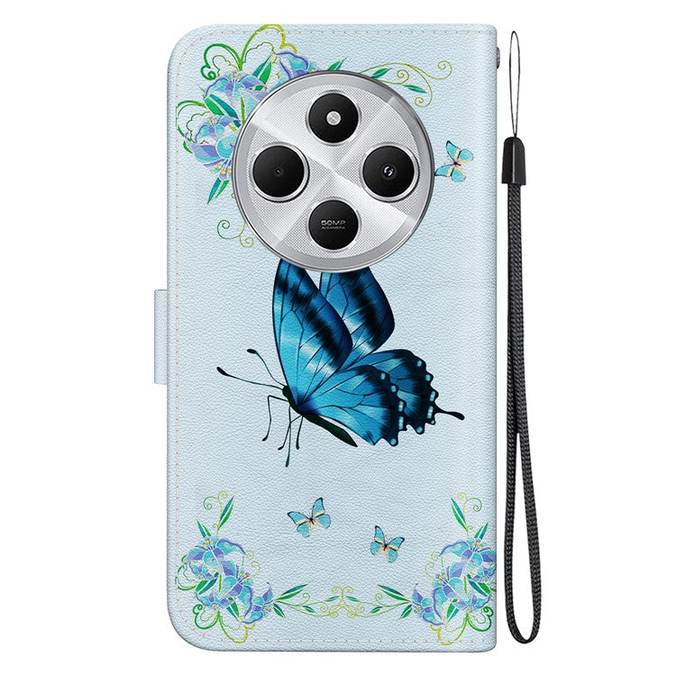 For Xiaomi Poco C75 4G / Redmi 14R 5G / 14C 4G Wallet Phone Case Anti-Drop Leather Flip Cover Pattern Printing - Blue Butterfly Flower