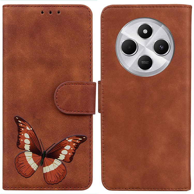 For Xiaomi Poco C75 4G / Redmi 14R 5G / 14C 4G Stand Case PU Leather Phone Cover Butterfly Printed - Brown