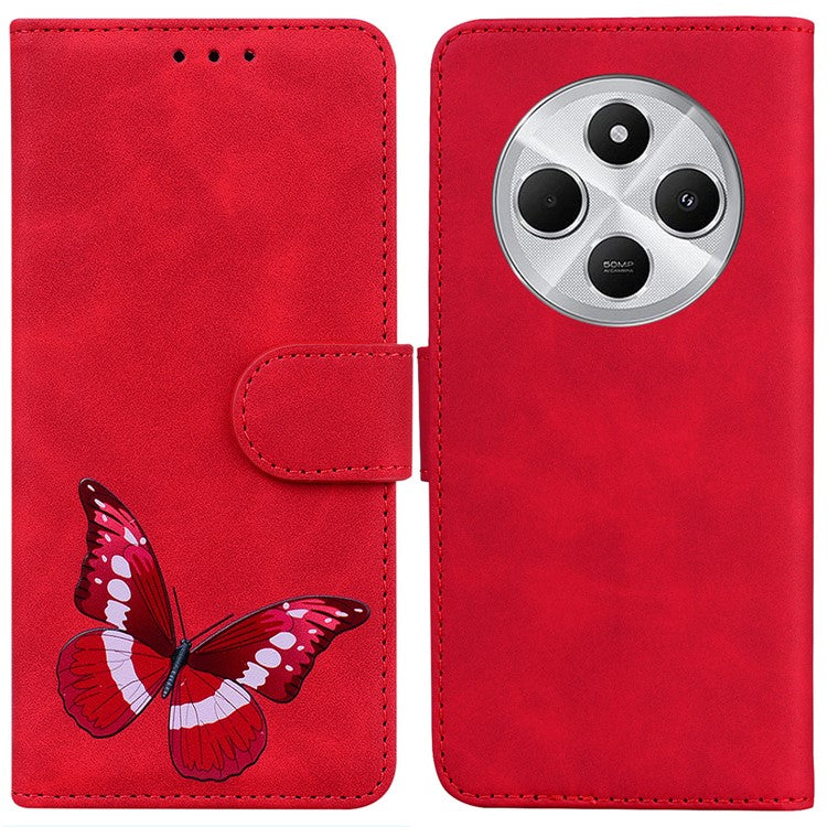 For Xiaomi Poco C75 4G / Redmi 14R 5G / 14C 4G Stand Case PU Leather Phone Cover Butterfly Printed - Red