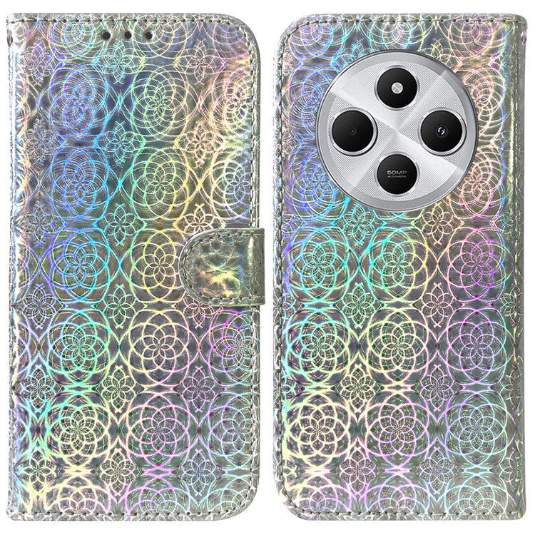 For Xiaomi Poco C75 4G / Redmi 14R 5G / 14C 4G Stand Case Dazzling Flower Leather Phone Cover - Grey