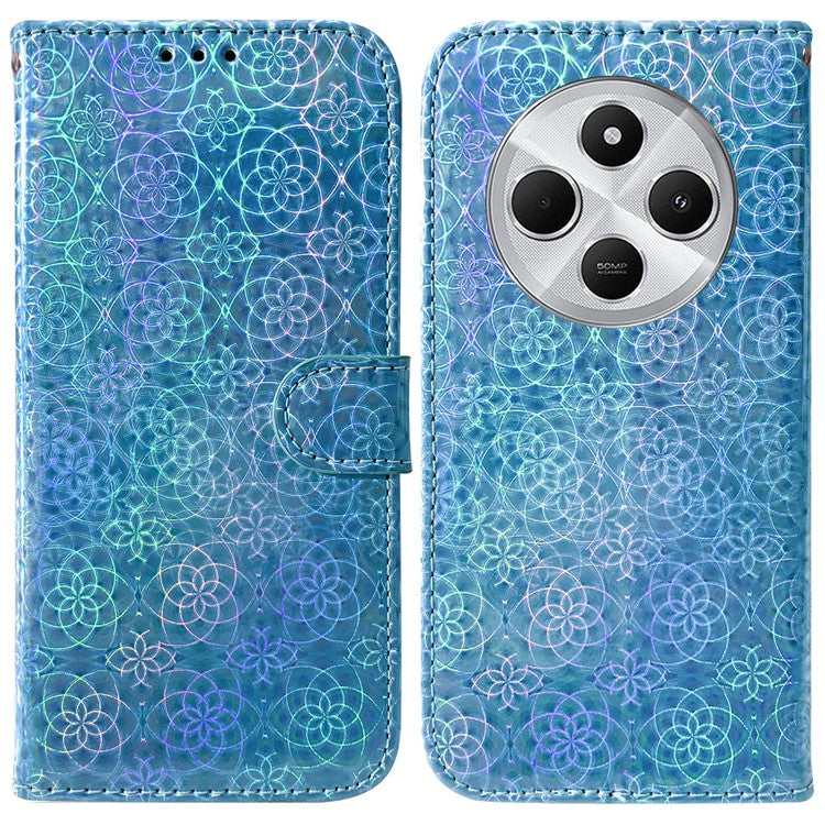 For Xiaomi Poco C75 4G / Redmi 14R 5G / 14C 4G Stand Case Dazzling Flower Leather Phone Cover - Blue