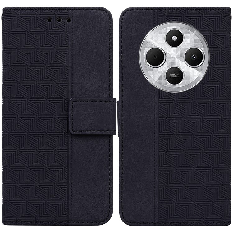 For Xiaomi Poco C75 4G / Redmi 14R 5G / 14C 4G Case Geometry Pattern Leather Wallet Phone Cover - Black