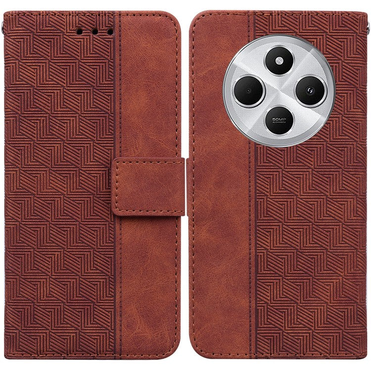 For Xiaomi Poco C75 4G / Redmi 14R 5G / 14C 4G Case Geometry Pattern Leather Wallet Phone Cover - Brown