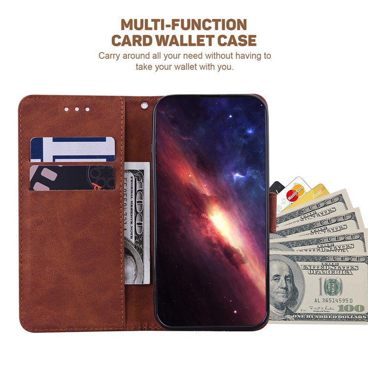 For Xiaomi Poco C75 4G / Redmi 14R 5G / 14C 4G Case Geometry Pattern Leather Wallet Phone Cover - Brown