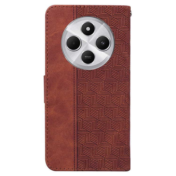 For Xiaomi Poco C75 4G / Redmi 14R 5G / 14C 4G Case Geometry Pattern Leather Wallet Phone Cover - Brown