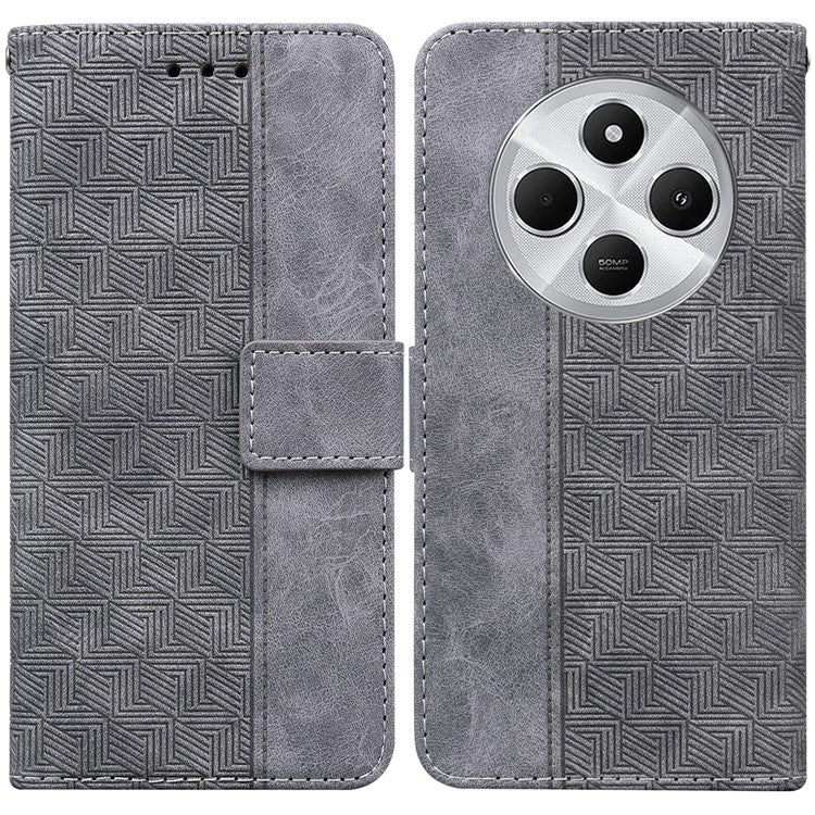 For Xiaomi Poco C75 4G / Redmi 14R 5G / 14C 4G Case Geometry Pattern Leather Wallet Phone Cover - Grey