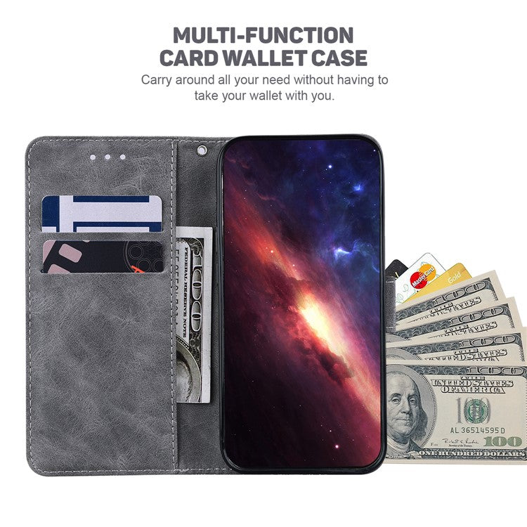 For Xiaomi Poco C75 4G / Redmi 14R 5G / 14C 4G Case Geometry Pattern Leather Wallet Phone Cover - Grey