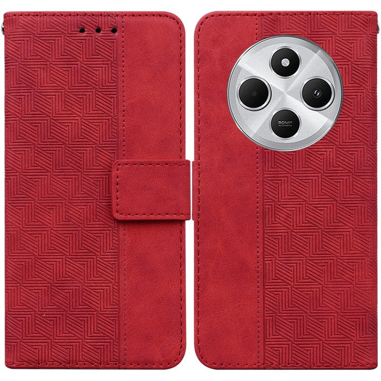 For Xiaomi Poco C75 4G / Redmi 14R 5G / 14C 4G Case Geometry Pattern Leather Wallet Phone Cover - Red