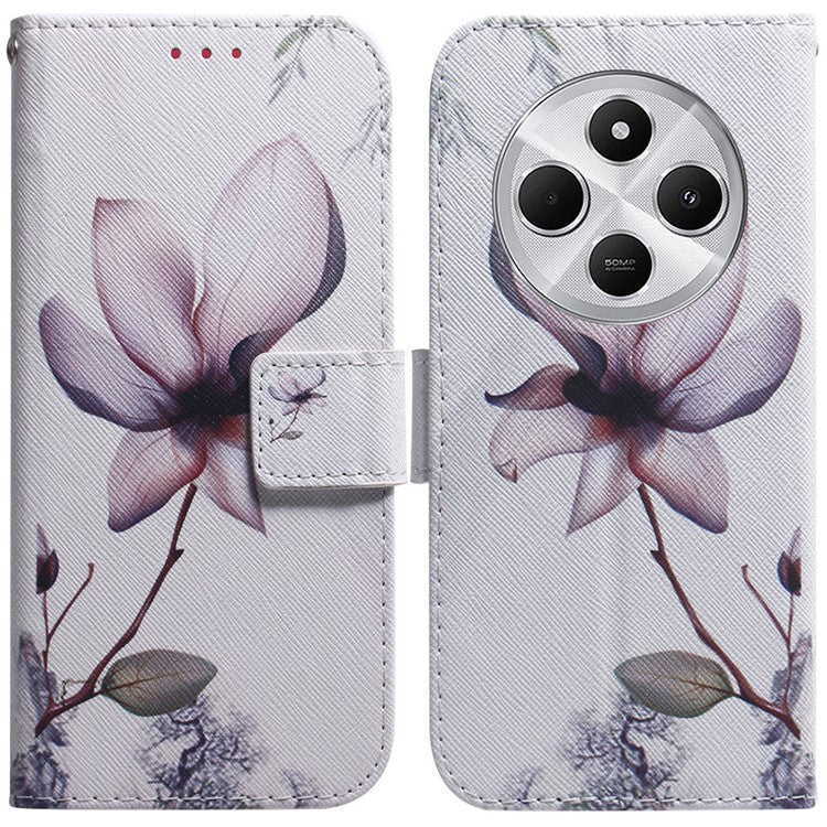 For Xiaomi Poco C75 4G / Redmi 14R 5G / 14C 4G Wallet Case Pattern Print Leather Phone Cover - Pink Flower