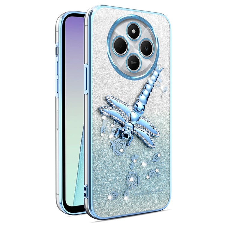 KADEM For Xiaomi Poco C75 4G / Redmi 14R 5G / 14C 4G Case Dragonfly Kickstand TPU Flowers Glitter Phone Cover - Blue