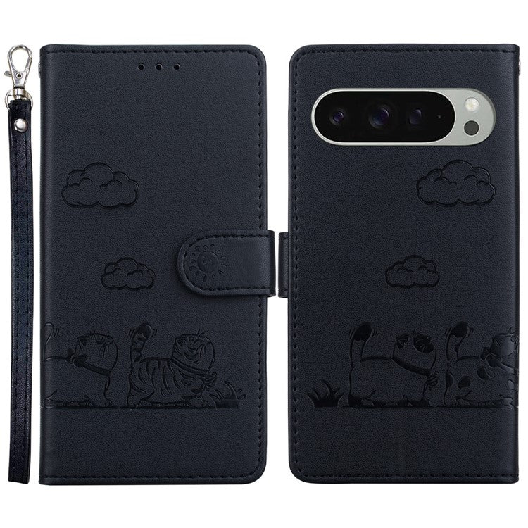 For Google Pixel 9 Pro / Pixel 9 Case RFID Blocking Kitten Pattern TPU+PU Leather Phone Cover - Black