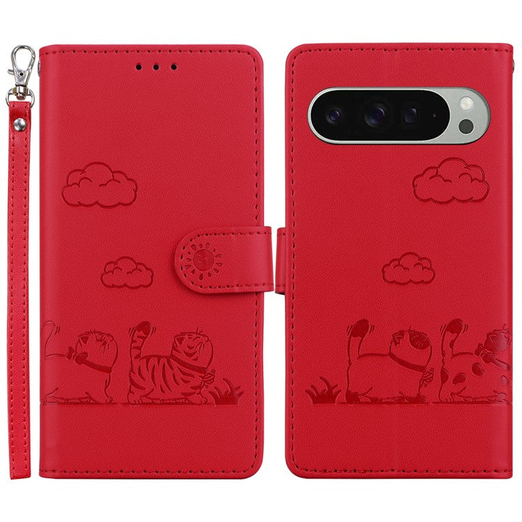 For Google Pixel 9 Pro / Pixel 9 Case RFID Blocking Kitten Pattern TPU+PU Leather Phone Cover - Red