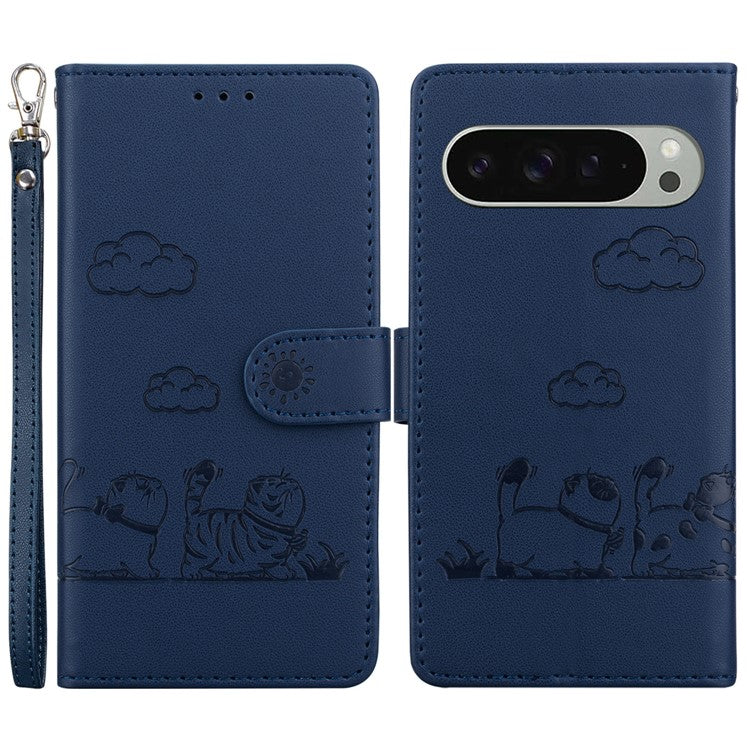 For Google Pixel 9 Pro / Pixel 9 Case RFID Blocking Kitten Pattern TPU+PU Leather Phone Cover - Blue