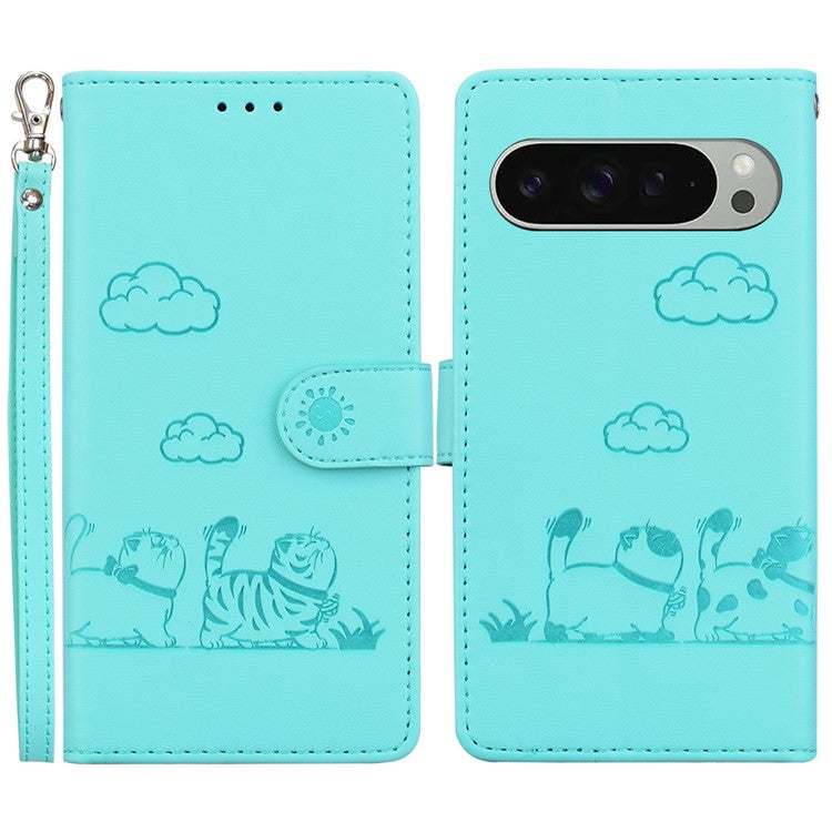 For Google Pixel 9 Pro / Pixel 9 Case RFID Blocking Kitten Pattern TPU+PU Leather Phone Cover - Green