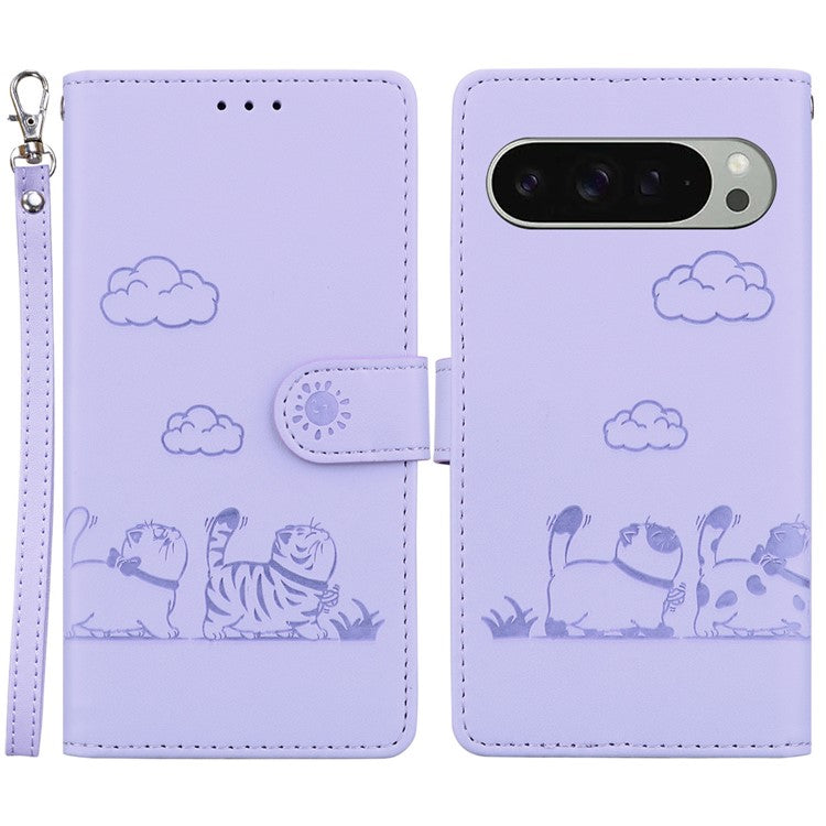 For Google Pixel 9 Pro / Pixel 9 Case RFID Blocking Kitten Pattern TPU+PU Leather Phone Cover - Purple