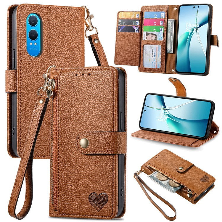 For OnePlus Nord CE4 Lite 5G / Oppo K12x 5G (China) Case RFID Blocking Zipper Pocket Leather Wallet Phone Cover - Brown