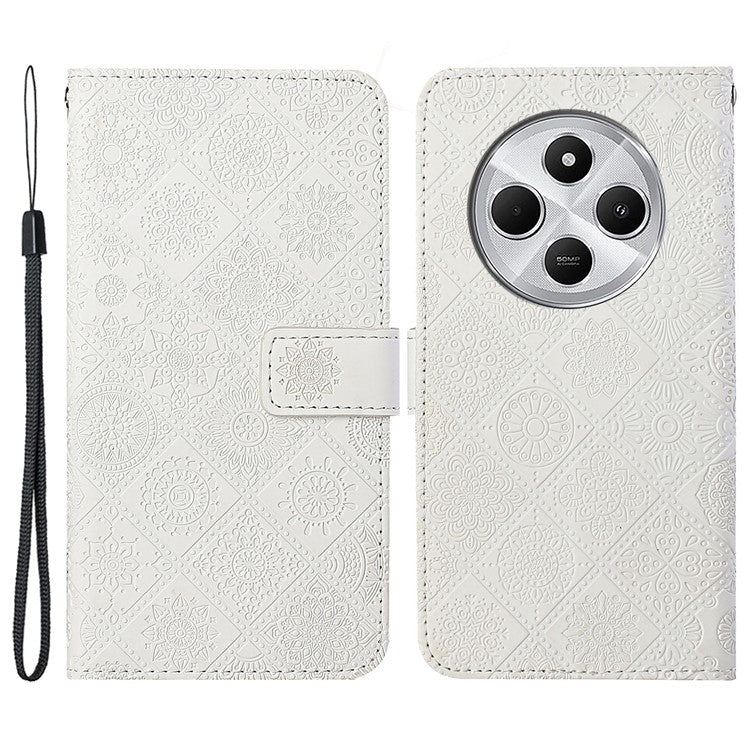 For Xiaomi Poco C75 4G / Redmi 14R 5G / 14C 4G Leather Case Ethnic Style Phone Wallet Cover with Strap - White