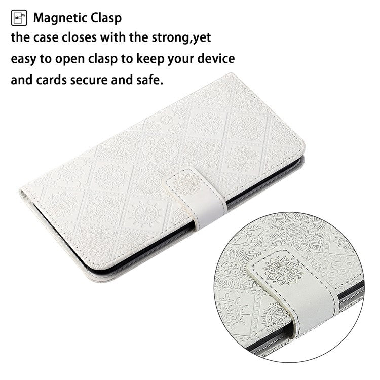 For Xiaomi Poco C75 4G / Redmi 14R 5G / 14C 4G Leather Case Ethnic Style Phone Wallet Cover with Strap - White