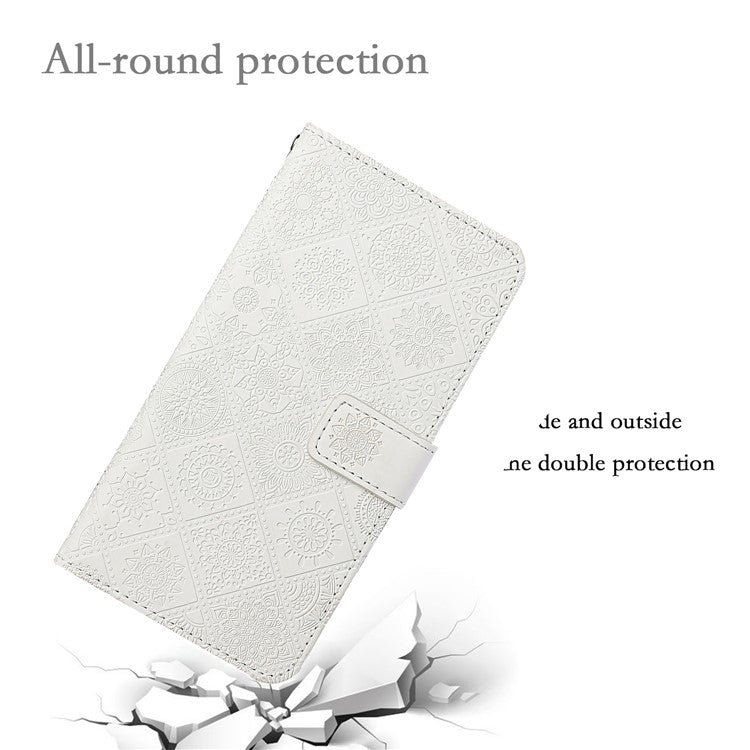 For Xiaomi Poco C75 4G / Redmi 14R 5G / 14C 4G Leather Case Ethnic Style Phone Wallet Cover with Strap - White