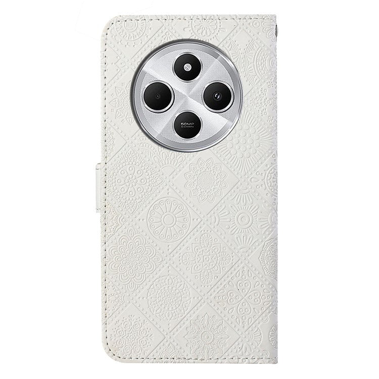 For Xiaomi Poco C75 4G / Redmi 14R 5G / 14C 4G Leather Case Ethnic Style Phone Wallet Cover with Strap - White