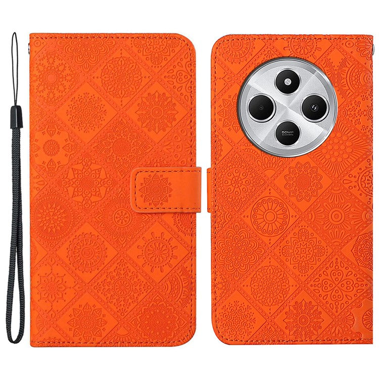 For Xiaomi Poco C75 4G / Redmi 14R 5G / 14C 4G Leather Case Ethnic Style Phone Wallet Cover with Strap - Orange