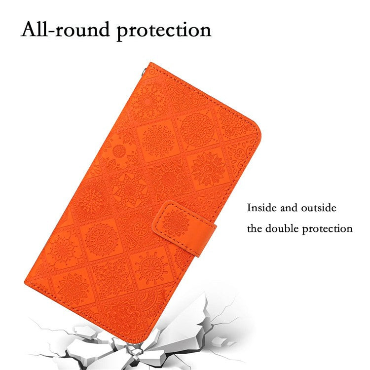 For Xiaomi Poco C75 4G / Redmi 14R 5G / 14C 4G Leather Case Ethnic Style Phone Wallet Cover with Strap - Orange