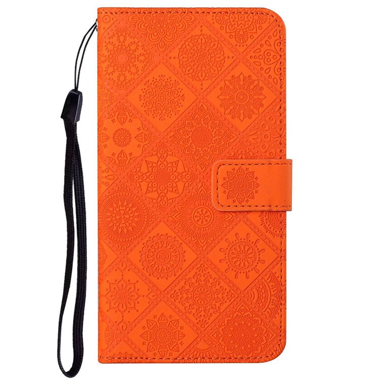 For Xiaomi Poco C75 4G / Redmi 14R 5G / 14C 4G Leather Case Ethnic Style Phone Wallet Cover with Strap - Orange