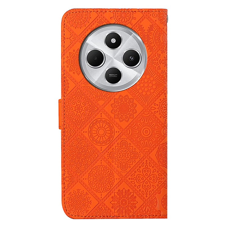 For Xiaomi Poco C75 4G / Redmi 14R 5G / 14C 4G Leather Case Ethnic Style Phone Wallet Cover with Strap - Orange