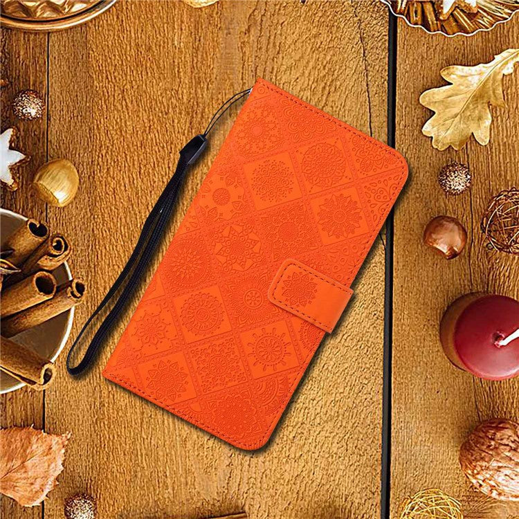 For Xiaomi Poco C75 4G / Redmi 14R 5G / 14C 4G Leather Case Ethnic Style Phone Wallet Cover with Strap - Orange