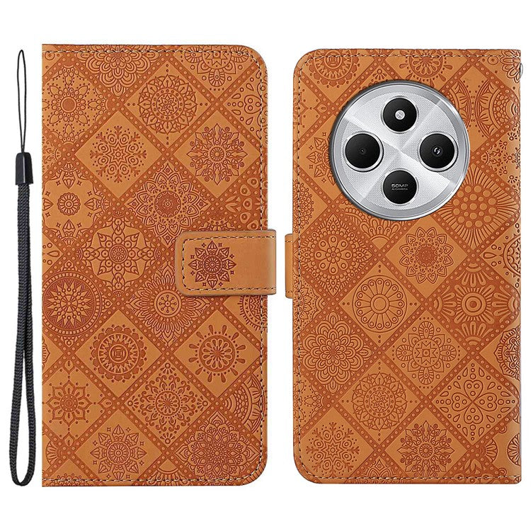 For Xiaomi Poco C75 4G / Redmi 14R 5G / 14C 4G Leather Case Ethnic Style Phone Wallet Cover with Strap - Brown