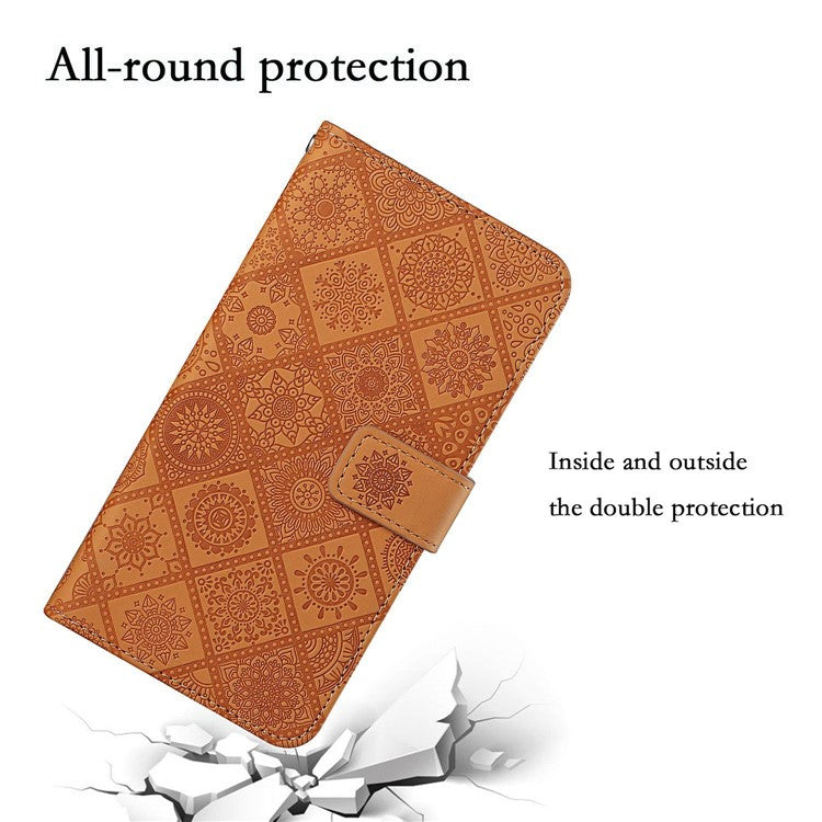 For Xiaomi Poco C75 4G / Redmi 14R 5G / 14C 4G Leather Case Ethnic Style Phone Wallet Cover with Strap - Brown