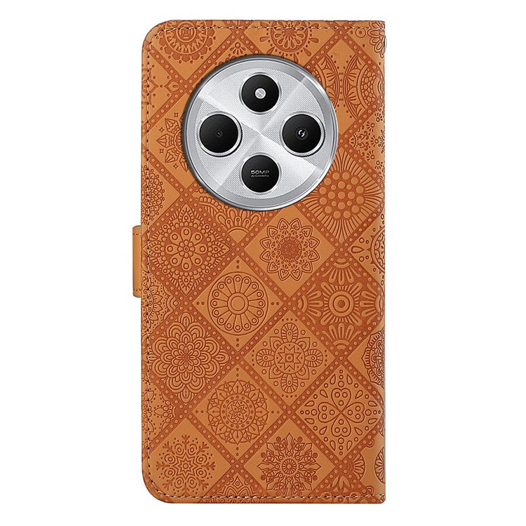 For Xiaomi Poco C75 4G / Redmi 14R 5G / 14C 4G Leather Case Ethnic Style Phone Wallet Cover with Strap - Brown