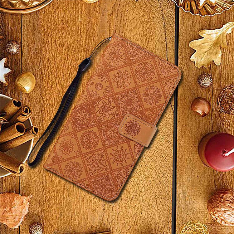 For Xiaomi Poco C75 4G / Redmi 14R 5G / 14C 4G Leather Case Ethnic Style Phone Wallet Cover with Strap - Brown