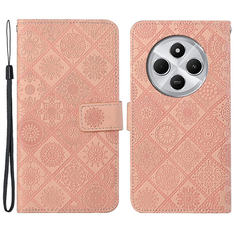 For Xiaomi Poco C75 4G / Redmi 14R 5G / 14C 4G Leather Case Ethnic Style Phone Wallet Cover with Strap - Pink