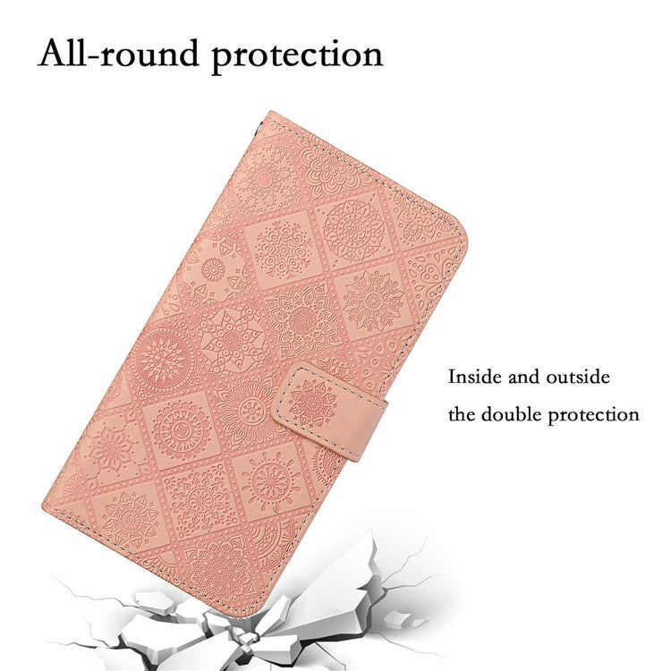 For Xiaomi Poco C75 4G / Redmi 14R 5G / 14C 4G Leather Case Ethnic Style Phone Wallet Cover with Strap - Pink